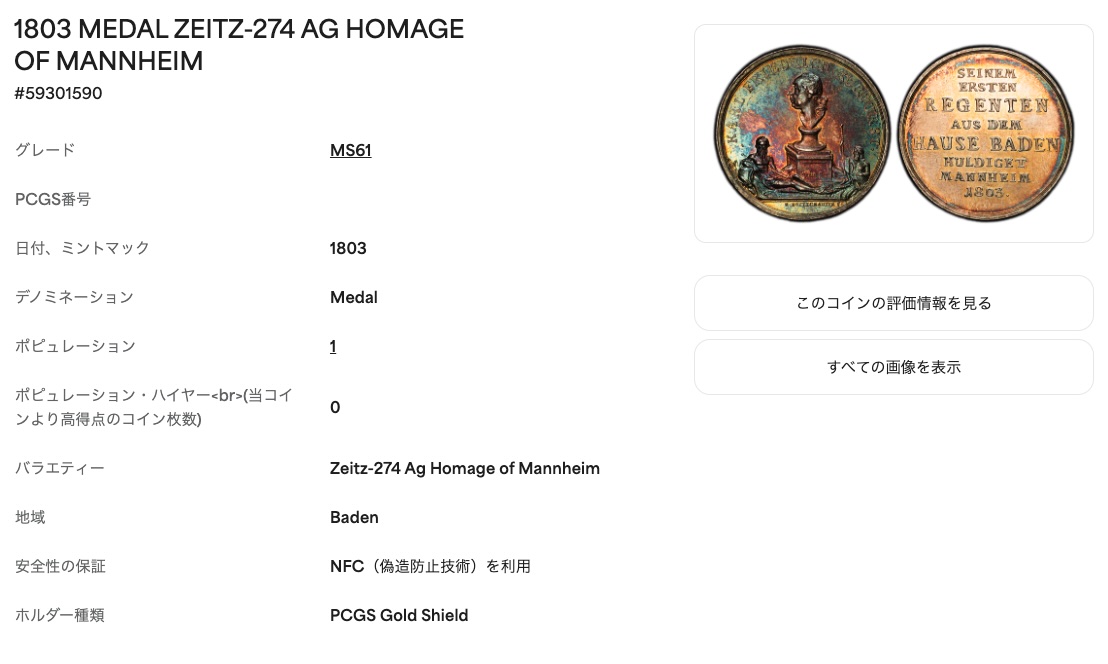 PCGS Population Report Zeitz-274 Mannheim Homage 現時点でのPCGS最高鑑定