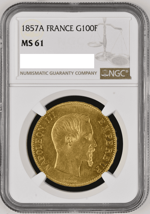 フランス ナポレオン3世 100フラン金貨 1857-A NGC MS61 表面